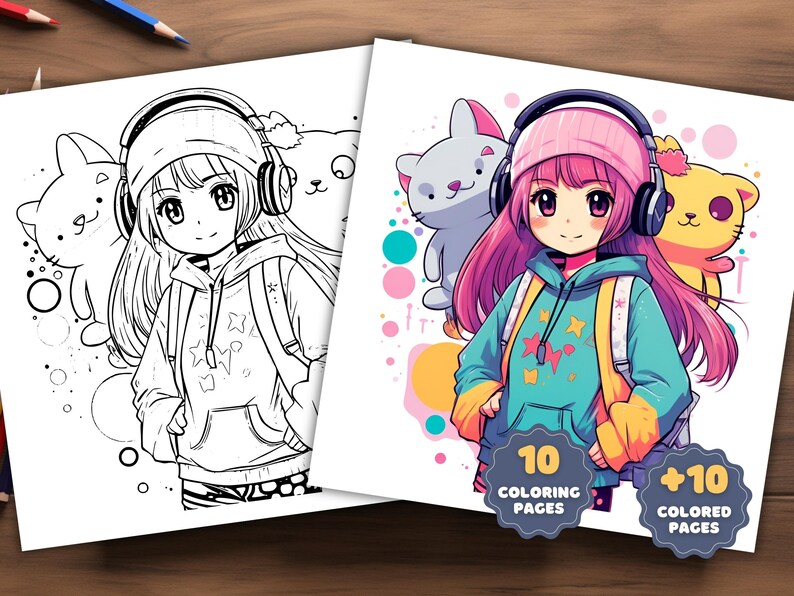 May include: A black and white coloring page featuring a girl with headphones and a backpack, surrounded by cartoon cats. The image is part of a set of 10 coloring pages and 10 colored pages.