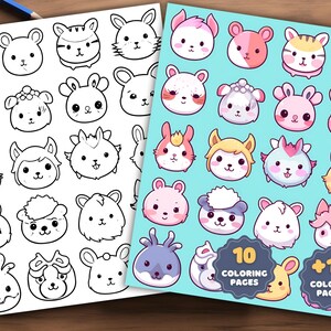 May include: A printable coloring book featuring 10 black and white and 10 colored illustrations of cute animal faces. The animals include a tiger, bunny, sheep, llama, and more.