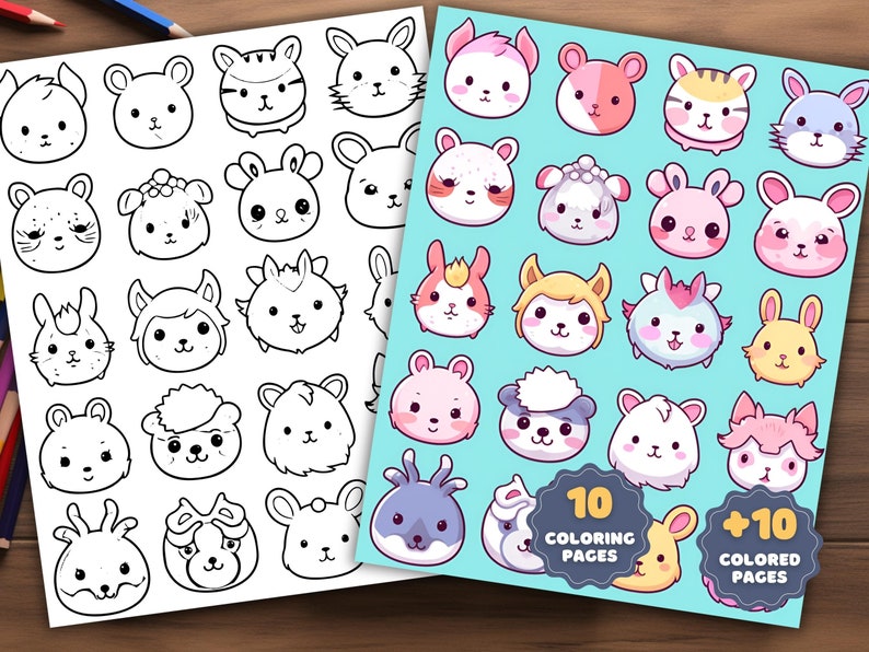 May include: A printable coloring book featuring 10 black and white and 10 colored illustrations of cute animal faces. The animals include a tiger, bunny, sheep, llama, and more.