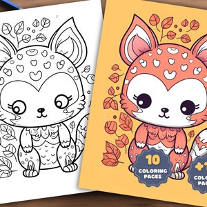 May include: A black and white coloring page featuring a cute cartoon fox with large eyes and a heart-shaped nose. The fox is surrounded by leaves and flowers. The image is part of a set of 10 coloring pages and 10 colored pages.