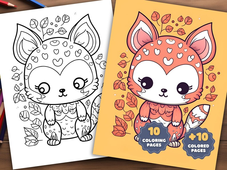 May include: A black and white coloring page featuring a cute cartoon fox with large eyes and a heart-shaped nose. The fox is surrounded by leaves and flowers. The image is part of a set of 10 coloring pages and 10 colored pages.