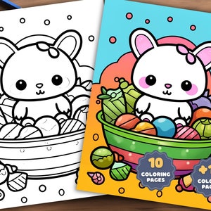 May include: A black and white coloring page featuring a cute bunny rabbit sitting in a bowl of colorful candy. The bunny has a pink bow on its head. The image is part of a set of 10 coloring pages and 10 colored pages.