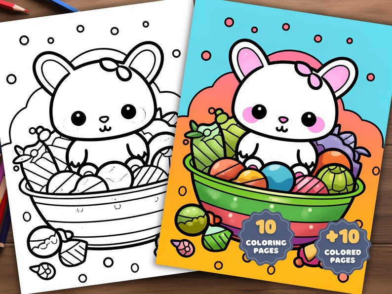 May include: A black and white coloring page featuring a cute bunny rabbit sitting in a bowl of colorful candy. The bunny has a pink bow on its head. The image is part of a set of 10 coloring pages and 10 colored pages.