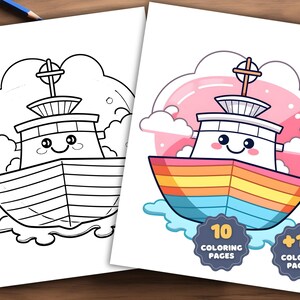 May include: A black and white coloring page of a cartoon boat with a smiling face. The boat has a rainbow stripe design on the bottom. The image includes the text "10 Coloring Pages" and "+10 Colored Pages".