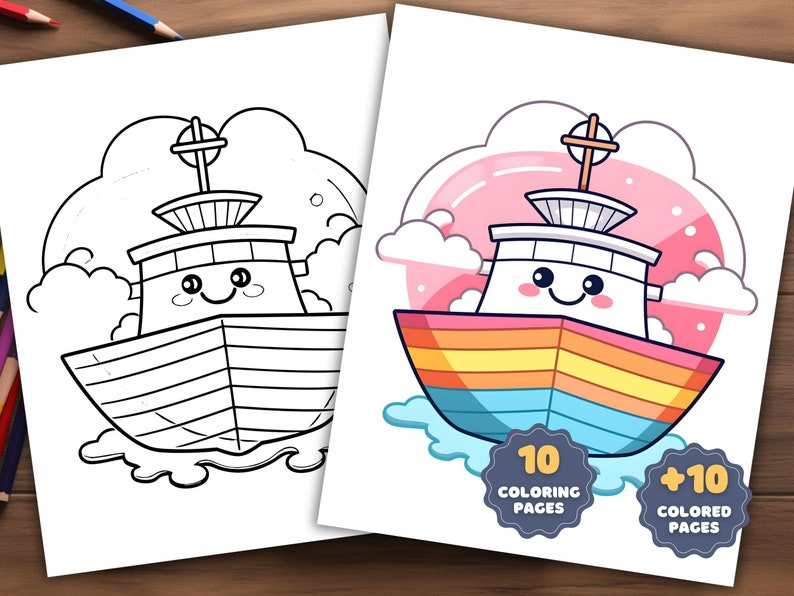 May include: A black and white coloring page of a cartoon boat with a smiling face. The boat has a rainbow stripe design on the bottom. The image includes the text "10 Coloring Pages" and "+10 Colored Pages".