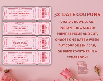 Valentine’s Day Gift 52 Printable Date Night Cards, Date Night Coupons, One Date Every Week, Anniversary Gift, 52 Date Cards, Wedding Gift