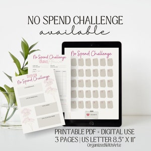 May include: Printable No Spend Challenge planner with three pages. The planner includes a calendar, a tracker for spending days, and a section for tracking total spending and goals. The planner is designed for use with A4 size paper, which is 29.7 cm by 21 cm.