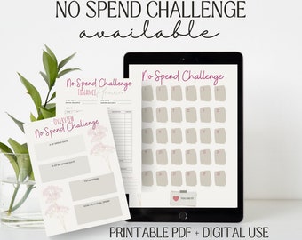 May include: Printable No Spend Challenge planner with three pages. The planner includes a calendar, a tracker for spending days, and a section for tracking total spending and goals. The planner is designed for use with A4 size paper, which is 29.7 cm by 21 cm.