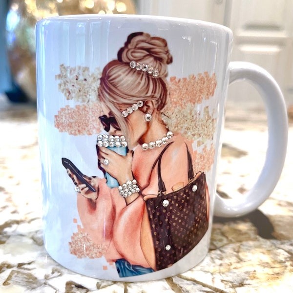 Coffee Mug gift for her, Rhinestone Cup, Gemstone Mug, Fashion Coffee cup, Girl shopping Cup, Personalization Custom Cup, Custom Bling Mug