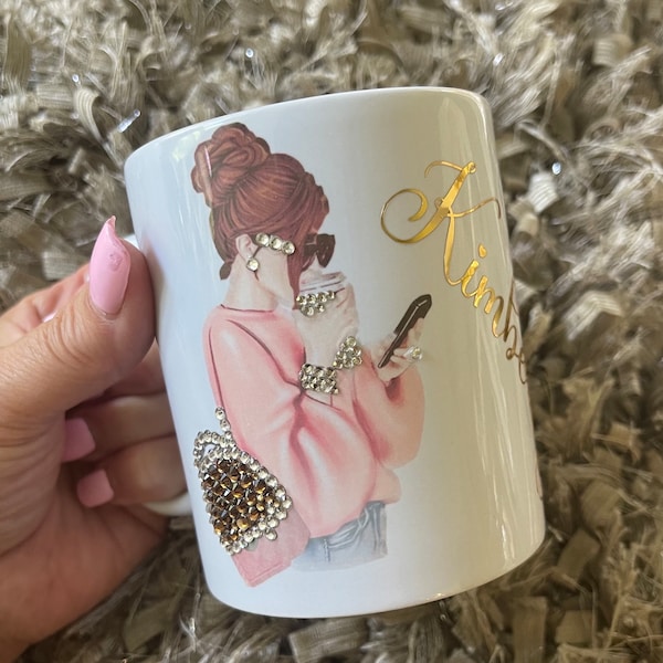 Fashion Mug, Glam Girl Mug, Bling Chic Mug, Gift for Her, Coffee Cup with Bling, Fashion Glam Girl with Diamonds, Birthday Gift, Bridesmaid