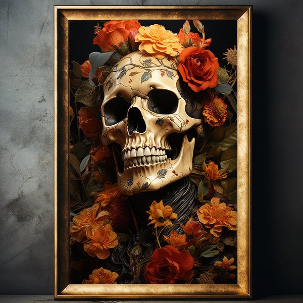 Skeleton Poster | Vintage Aesthetic | Gothic Style | Floral Skeleton | Dark Cottagecore Room Decor | Skeleton Poster | Home Decor | Portrait