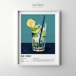Gin Tonic, Cocktail Print, Minimalistische Klassieke Cocktail, Cocktail Wall Art, Drink Prints, Cocktail Art, Bar Cart Print, Alcohol Print,