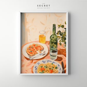 Obraz włoskiej kuchni, plakat do druku, pizza, makaron, plakat z winem, wystrój kuchni, plakat z Włochami, żywy kolorowy wystrój restauracji