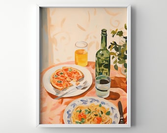 May include: A painting of a still life featuring a plate of pizza, a plate of pasta, a glass of orange juice, a bottle of wine, and a glass of water. The painting is done in a bright, colorful style.