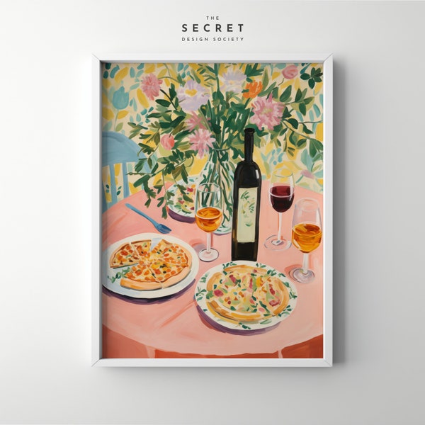 Pintura de cena de cocina italiana, póster imprimible, pizza, spritz, vino, decoración de cocina, póster de Italia, decoración de restaurante de colores vibrantes