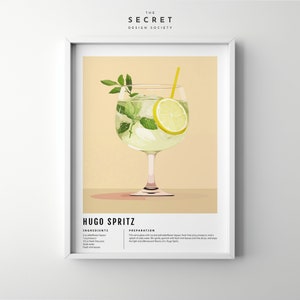 Hugo Spritz, Alkohol Poster, Barwagen Drucke, klassische Cocktails, Cocktail Poster, Cocktail Schild, Cocktail Wandkunst, Rezept, Signature Drinks