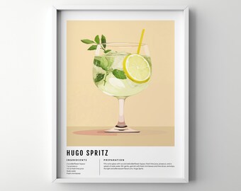 Hugo spritz, alcohol poster, bar cart prints, classic cocktails, cocktail poster, cocktail sign, cocktail wall art, recipe, signature drinks