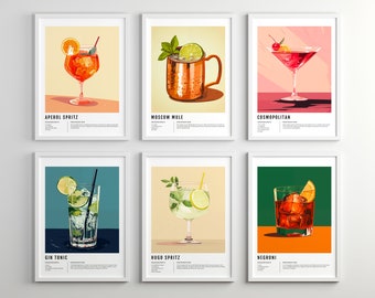 Set of 6 Drinks Prints, bundle cocktail prints, retro cocktail print, bar cart wall art, cocktail poster, cocktail prints, cocktail set,