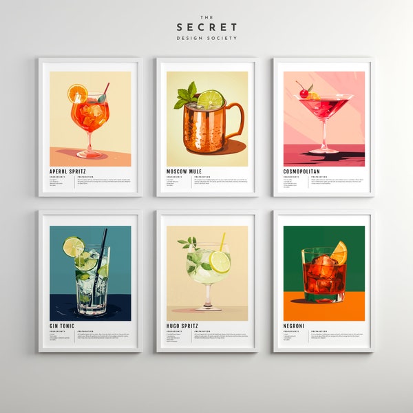 Set of 6 Drinks Prints, bundle cocktail prints, retro cocktail print, bar cart wall art, cocktail poster, cocktail prints, cocktail set,