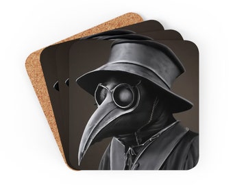 Plague Doctor's Embrace Corkwood Coaster Set - 4 Pieces - Cork backed - Gothic Horror - Vintage Black Plague - Coffee Mug - Table Protect