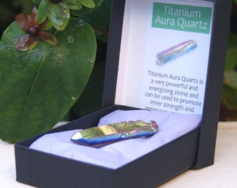 Rainbow Titanium Aura Quartz Point Natural Crystal Chakra Healing in Presentation Box