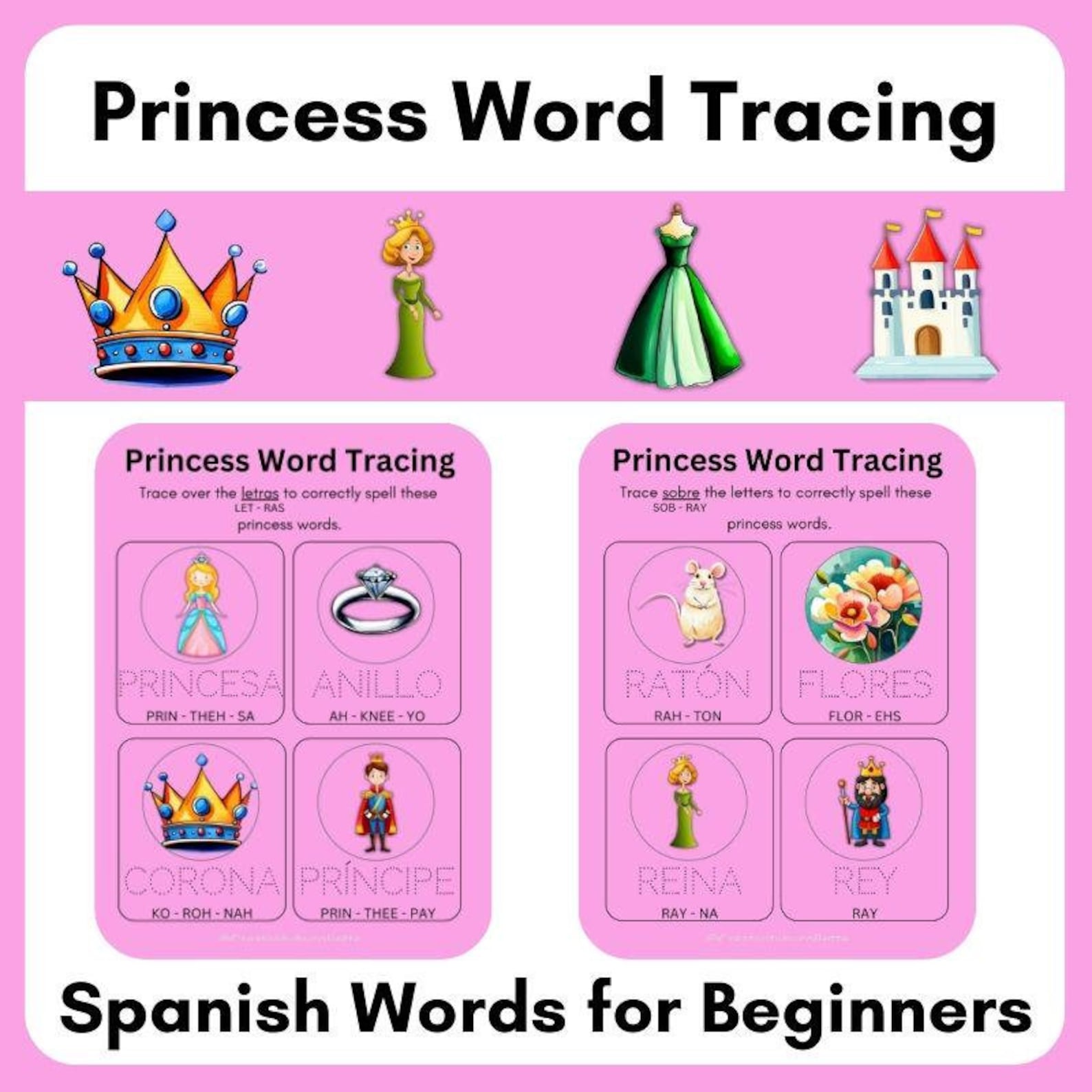 5x Bilingual Princess Word Tracing Pages. Learn Spanish Words, Practice ...