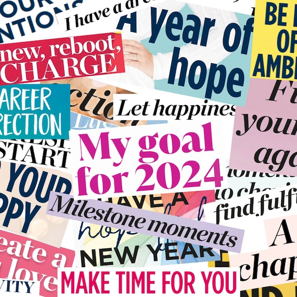 50+ Happy 2024! Magazine Words Printable, Vision Board Words, Vision Board 2024, Magazine Clippings for Scrapbooking, Vision Board Party Kit