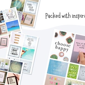 May include: A set of 18 inspirational quote stickers with a variety of backgrounds and colours. The stickers feature quotes such as "Believe in your dreams", "Do it now", "Train like a beast, look like a beauty", "Choose happy", "Pain is real but so is hope", "Be kind to the", and "Eat well, live well".