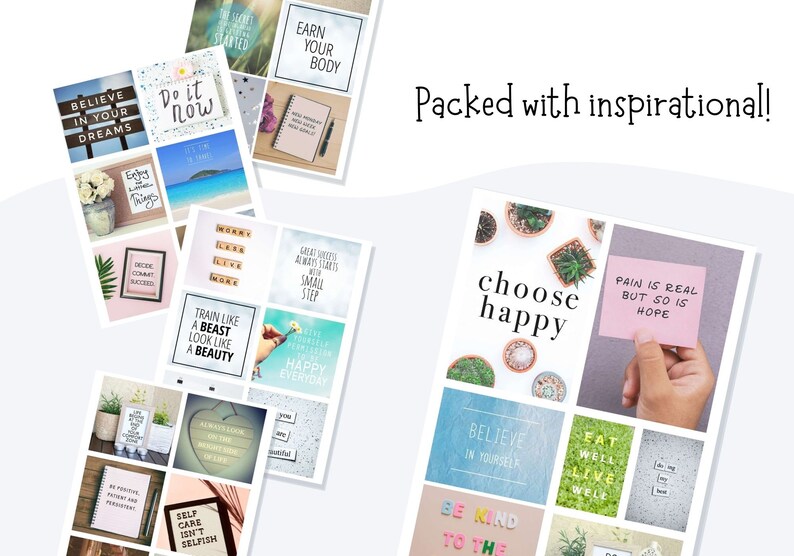 May include: A set of 18 inspirational quote stickers with a variety of backgrounds and colours. The stickers feature quotes such as "Believe in your dreams", "Do it now", "Train like a beast, look like a beauty", "Choose happy", "Pain is real but so is hope", "Be kind to the", and "Eat well, live well".