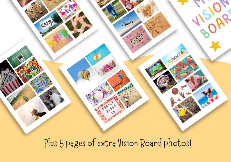 K&ouml;nnte beinhalten: Ein Satz druckbarer Vision Board-Seiten mit bunten Bildern und Text. Die Seiten enthalten Bilder eines Hei&szlig;luftballons, eines Familienabends, einer Wassermelone, eines Basketballs, eines Hundes und eines Campingausflugs. Der Text auf den Seiten lautet "Familienabend", "Sommer" und "Camp".