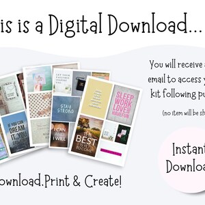 May include: A digital download of printable inspirational quote cards. The cards feature a variety of quotes, including "Morning", "Stay Strong", "If you can dream it, you can do it", "I can and I will", "The best is yet to come", and "Sleep, work, love, have fun".