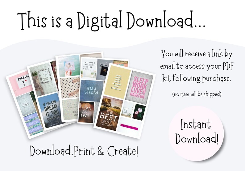 May include: A digital download of printable inspirational quote cards. The cards feature a variety of quotes, including "Morning", "Stay Strong", "If you can dream it, you can do it", "I can and I will", "The best is yet to come", and "Sleep, work, love, have fun".