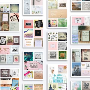 May include: A collage of inspirational quotes and images for a vision board kit. The images include plants, a notebook, a cup of coffee, and a beach scene. The quotes include "Do what you love", "Be happy, be bright, be you!" and "Today I will love myself enough to exercise".