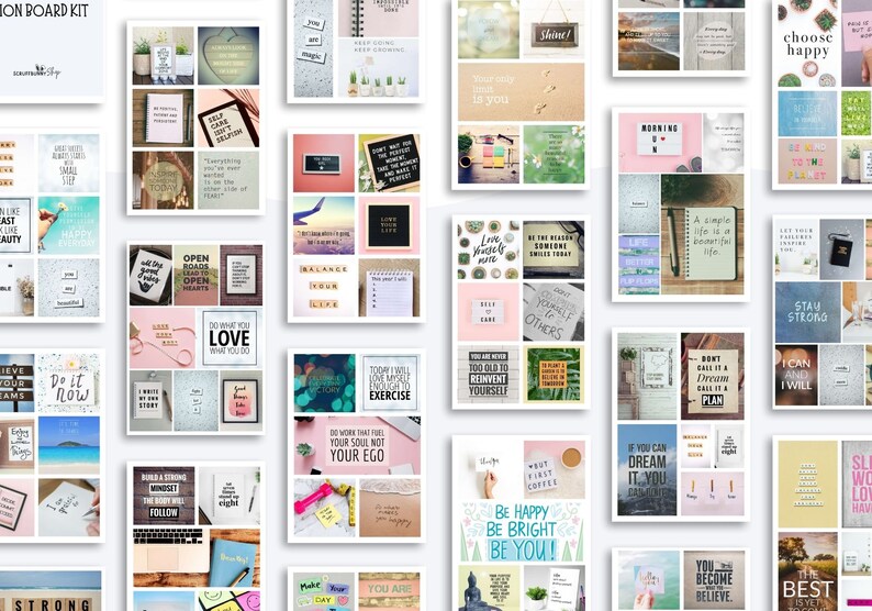 May include: A collage of inspirational quotes and images for a vision board kit. The images include plants, a notebook, a cup of coffee, and a beach scene. The quotes include "Do what you love", "Be happy, be bright, be you!" and "Today I will love myself enough to exercise".