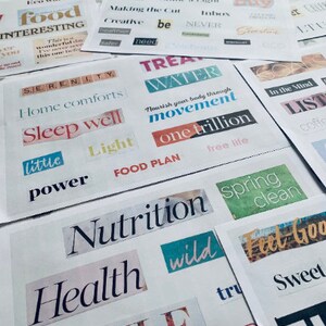 May include: A collage of words and phrases on white paper, including "Food", "Treat Water", "Movement", "One Trillion", "Nutrition", "Health", "Style", "Spring Clean", "Feel Good", "Sweet", and "Free Life".