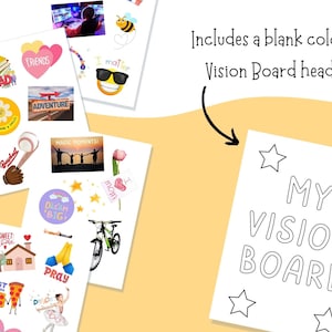 K&ouml;nnte beinhalten: Ein druckbares Vision Board mit einer leeren &Uuml;berschrift, die "Mein Vision Board" lautet und Sterne um die &Uuml;berschrift herum. Der Druckbare enth&auml;lt einen Satz von Aufklebern mit verschiedenen Bildern und Texten, wie z. B. "Friends", "Read", "Adventure", "I Matter", "Dream Big", "Pray", "Sweet Home", "Best Friends", "Baseball", "Sunshine & Smiles", "Magic Moments" und "Mom".