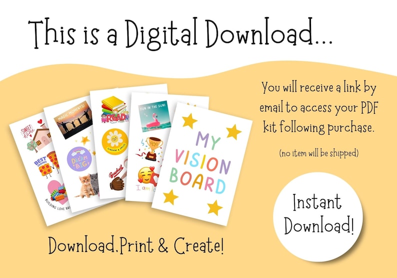 K&ouml;nnte beinhalten: Ein digitaler Download f&uuml;r ein Vision Board Kit. Das Kit enth&auml;lt druckbare Karten mit bunten Illustrationen und Texten, wie "Dream Big" und "My Vision Board".