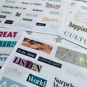 May include: A collage of magazine clippings with words and phrases like "Trends", "Amazing", "Solutions", "Inbox", "Never", "Celebrate", "Goals", "Listen", "Extraordinary", "World", "Surprise Moves", "Thoughts", "Your Good", "Happier", "Culture", "Spring", "Summer Running", "Choose Freedom", "Seventeen", "Eco", "In the Mind", "Coffee", "Again".