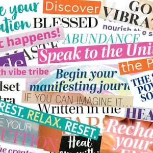 Mots spirituels dans le magazine, 30 mots du kit Vision Board, mots imprimables dans le magazine Spiritual Vision Board, Kit Vision Board pour femme