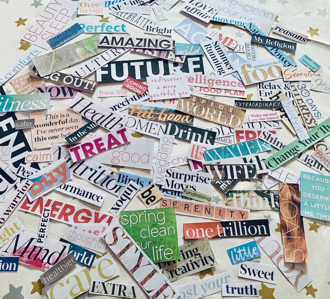 Real Magazine Words Printable Vision Board Kit Magazine Words, Law of ...