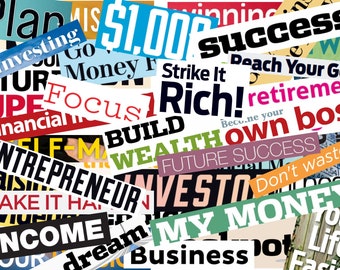 Parole stampabili per riviste finanziarie, oltre 125 parole per vision board su finanza e affari, vision board per imprenditori 2026, ritagli di riviste stampabili