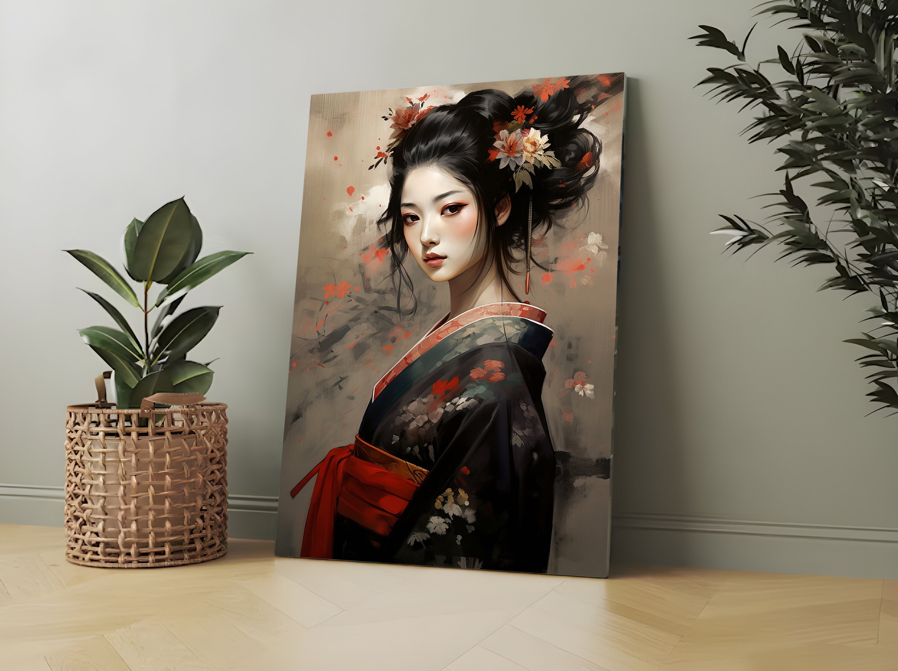 Japanese Geisha in Red and Black Floral Kimono With Flowers in Hair ...