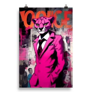 Pantera Rosa en Traje Rosado, Graffiti Urbano, VOGUE Dibujo, Arte Pop en Lienzo, Ilustración Estilizada de Pantera Rosa