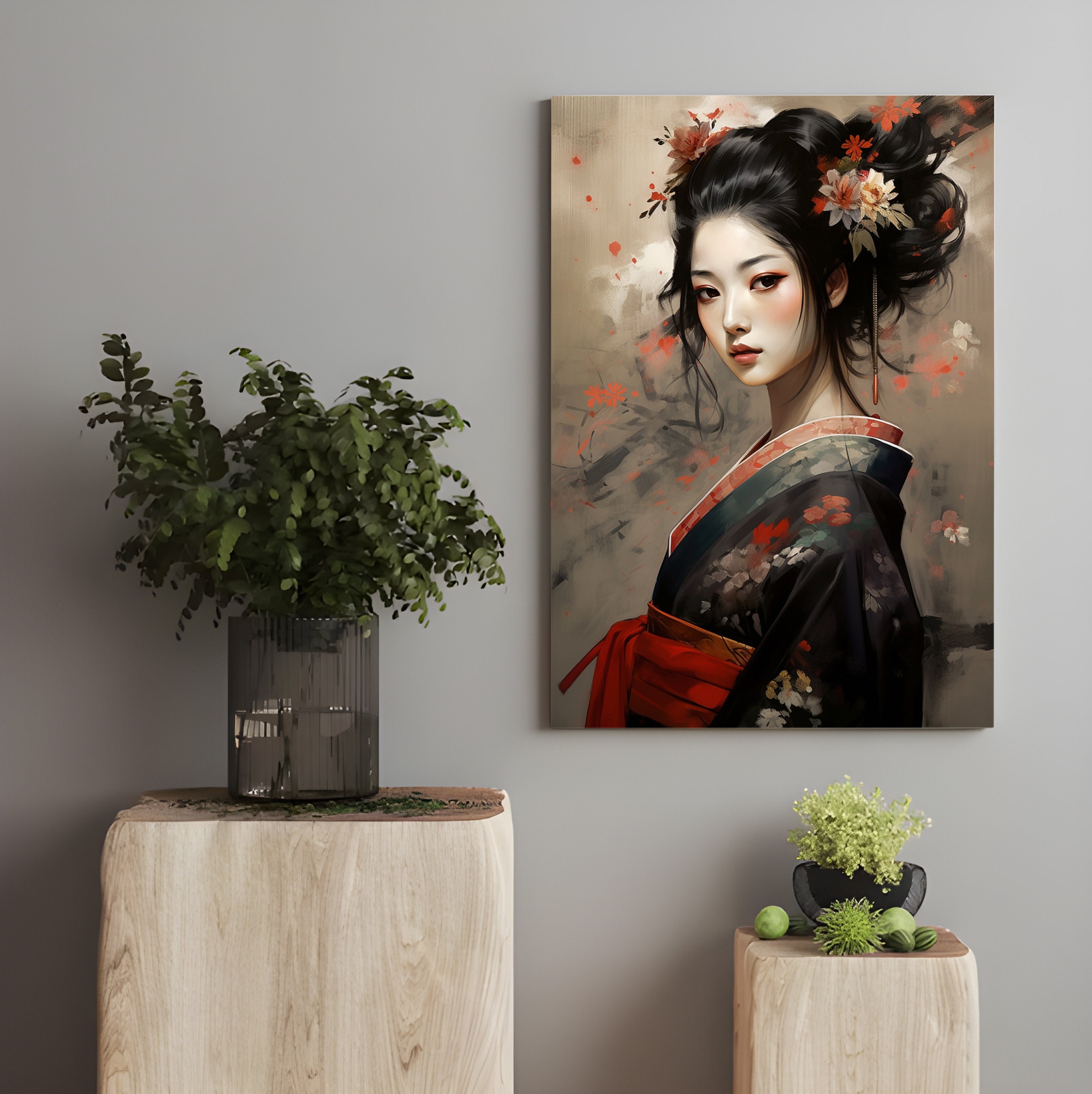 Japanese Geisha in Red and Black Floral Kimono With Flowers in Hair ...