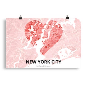 Cadeau d'Anniversaire et Saint-Valentin Personnalisé - Poster Carte avec Lieu de Rencontre en Coeur et Noms du Couple