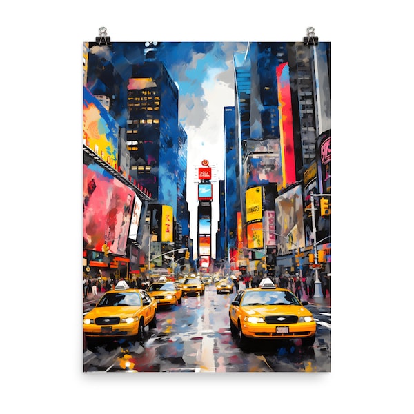 Art Urbain : Affiche du Times Square de New York à Manhattan avec un Style Graffiti, Taxis et Foule