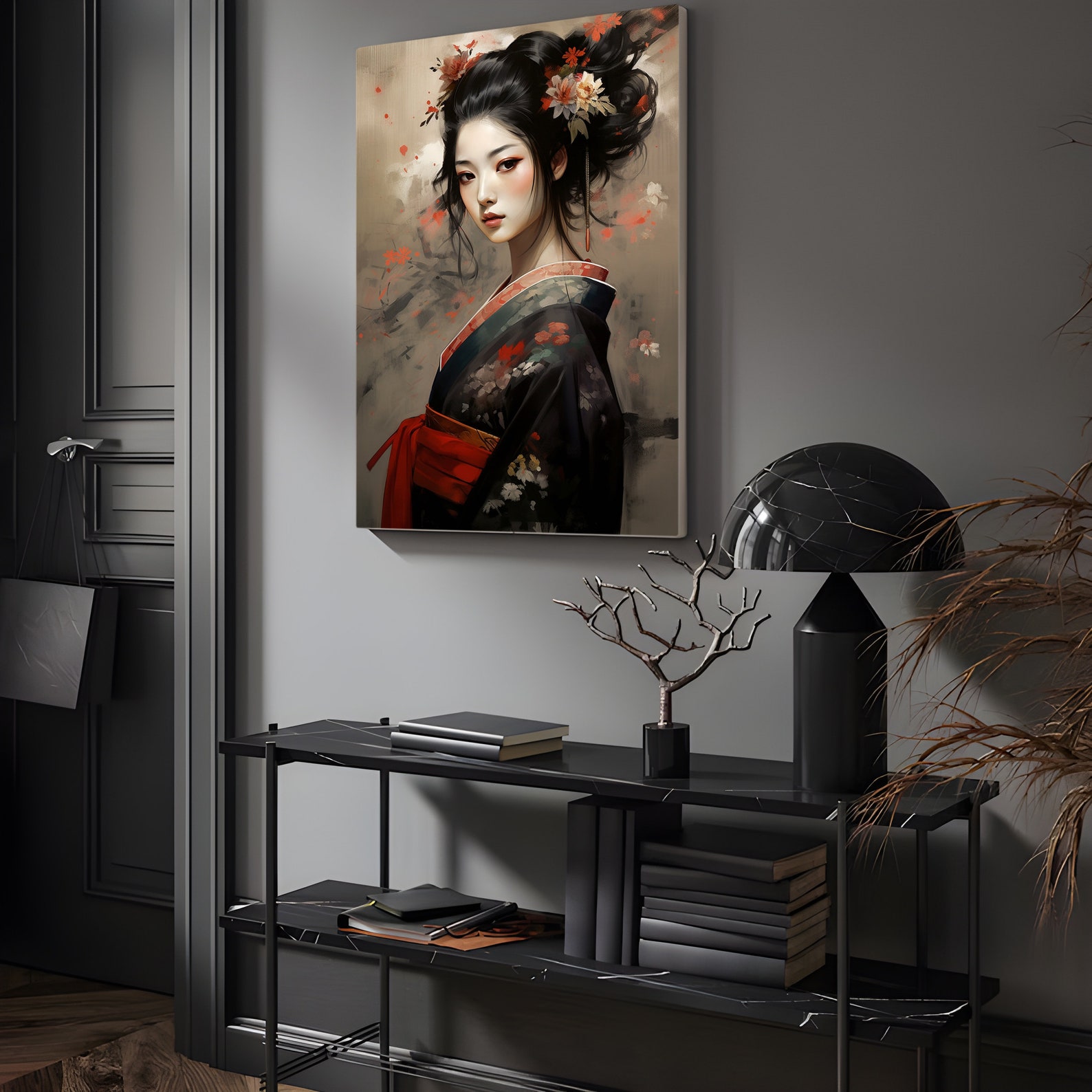Japanese Geisha in Red and Black Floral Kimono With Flowers in Hair ...
