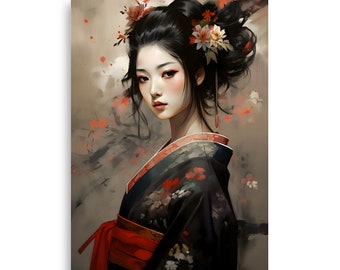 Geisha in schwarz-rotem Kimono mit Blumen - Handgemaltes Wandbild für Japan-Liebhaber