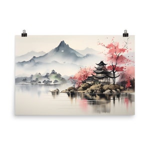 Japanese Landscape Art: Serene Lake, Traditional Buildings and Pink Trees