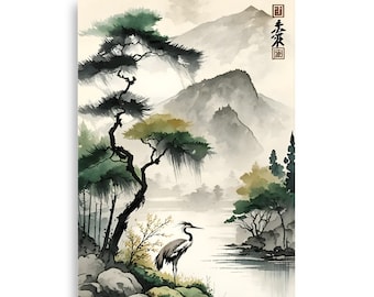 Japanese Scenery - Mountain Majesty with Crane - Tranquil River Landscape Ukiyo-e Style Poster